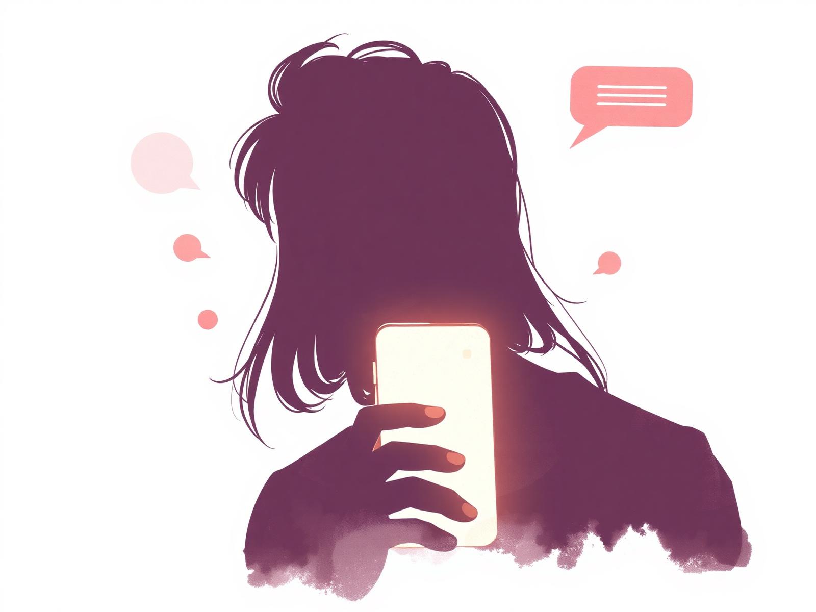 A teenager absorbed in a phone screen surrounded by soft notification bubbles
